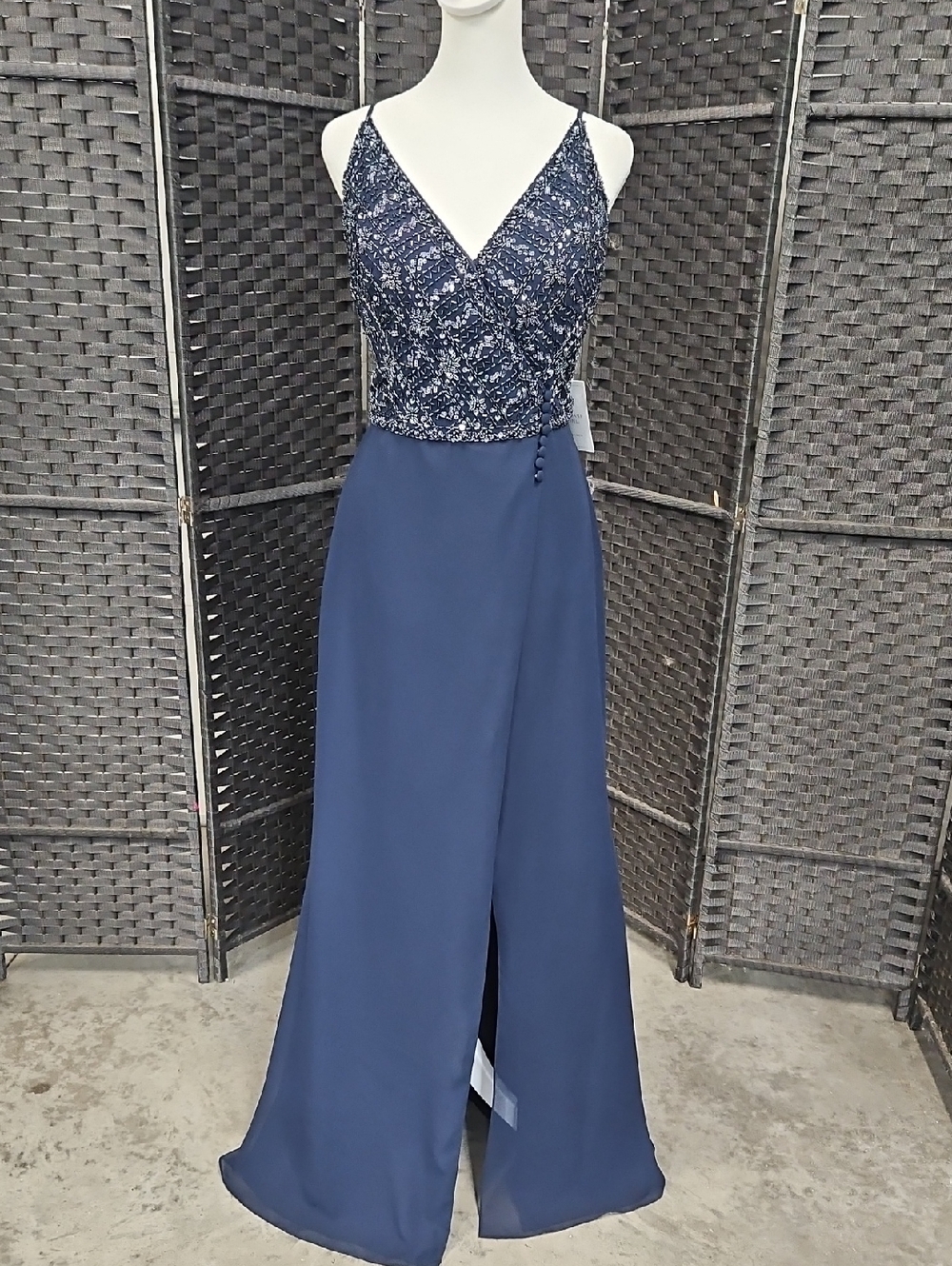 NWT Size 10/12 Navy Sequin Bodice Chiffon Wrap Skirt Adrianna Papell Platinum